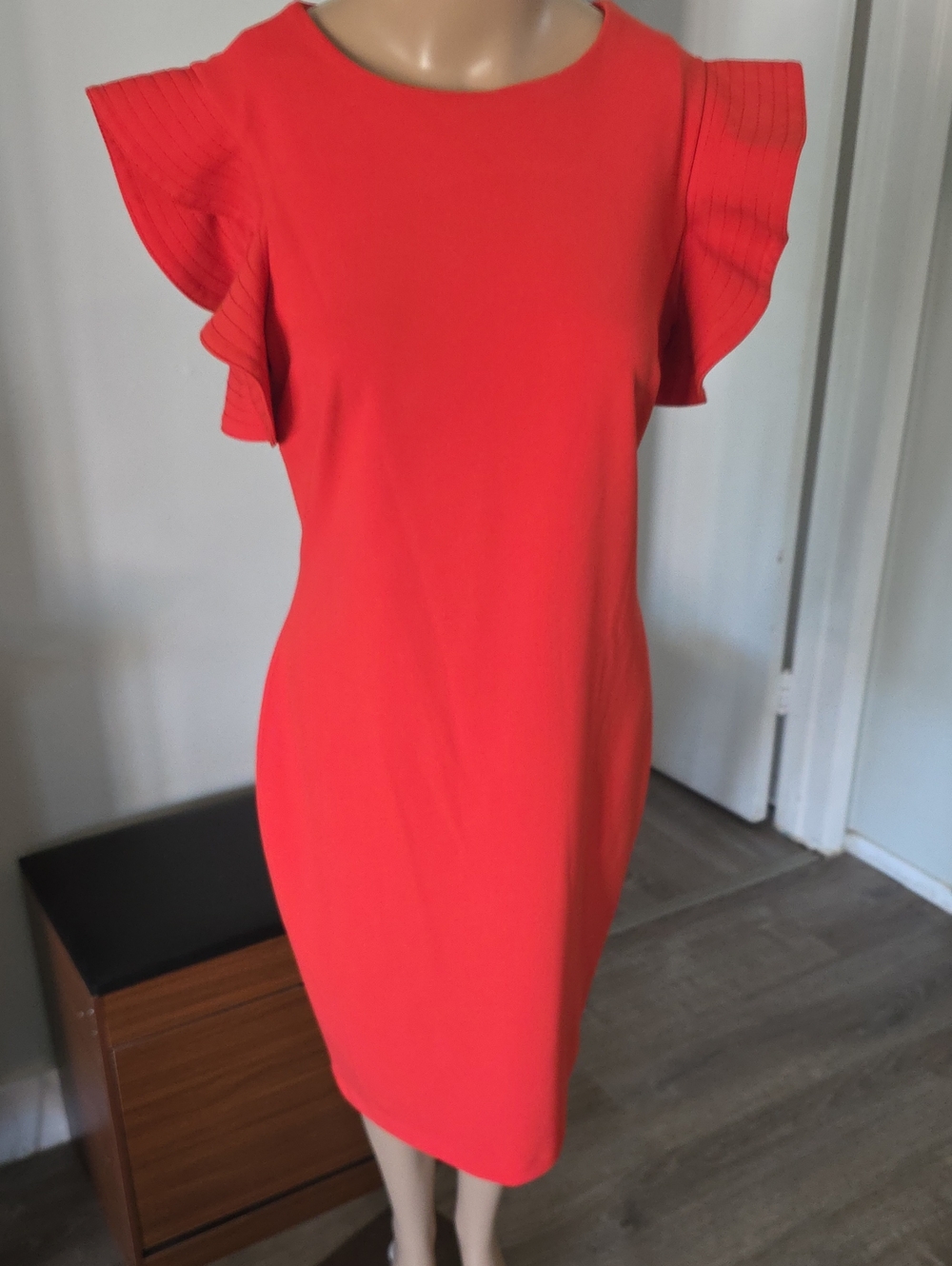 Calvin Klein Bright Red Ruffle Sleeve Midi Dress